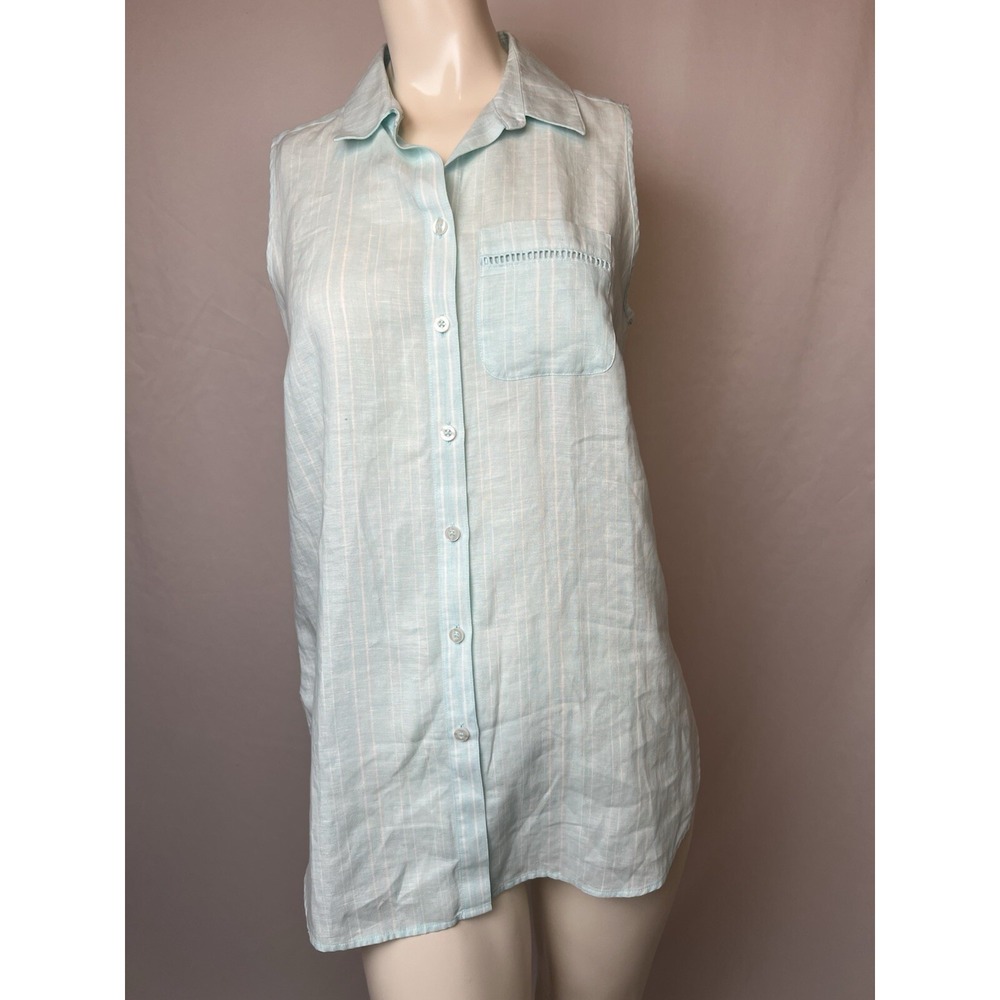Chico's Linen Button Sleeveless Top Striped Pale Turquoise Blue Sz 00  (0/2)